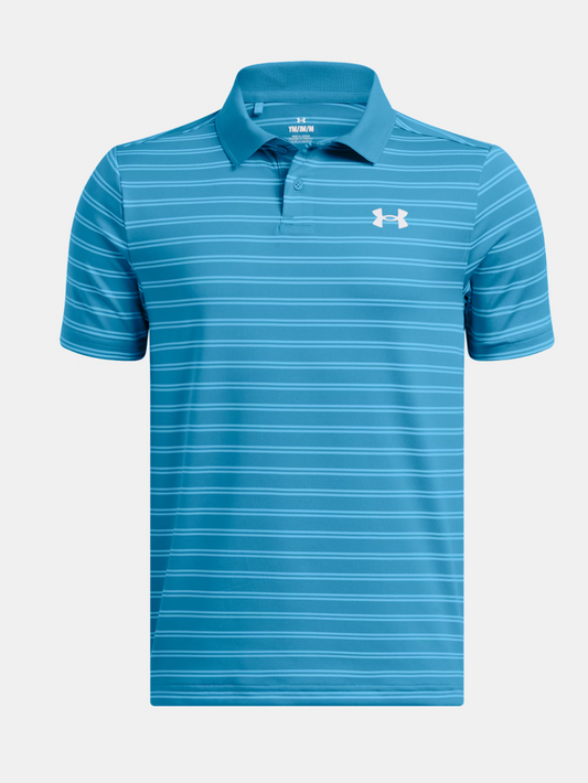 Under Armour MatchPlay Stripe Polo in Ether Blue with 2-button placket and ribbed collar