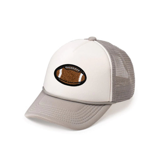 Gray and white trucker hat with brown and white chenille football patch and black outline