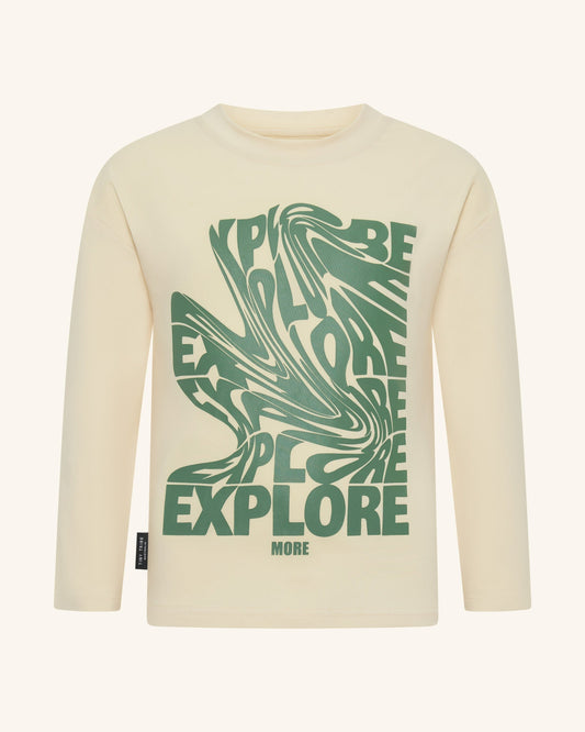 Cream Explore More Tee by Tiny Tribe with center-front typography, cotton elastane fabric