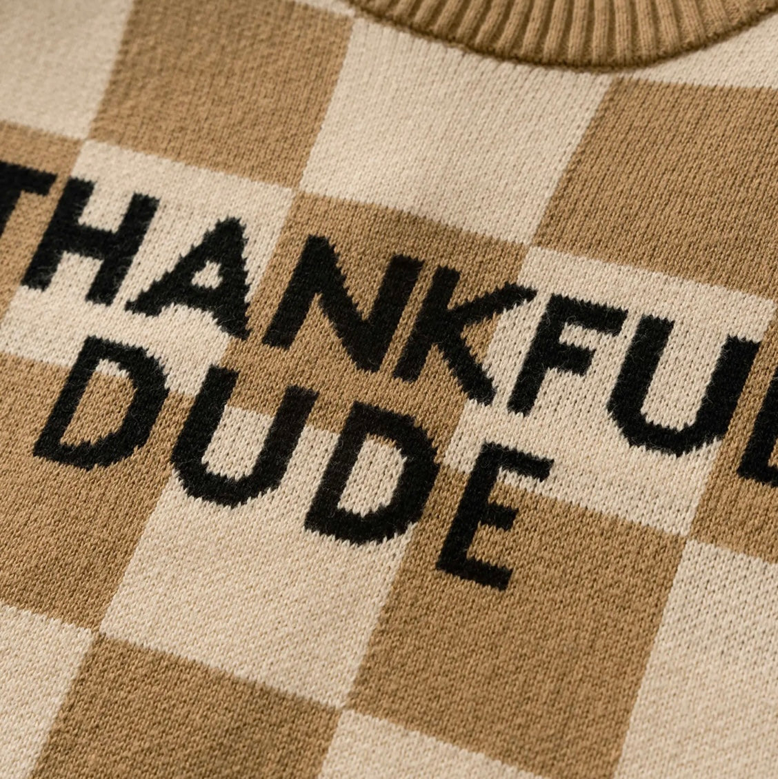 Close up of  a tan and beige checkered sweater. Black letters on the front say "Thankful Dude." 