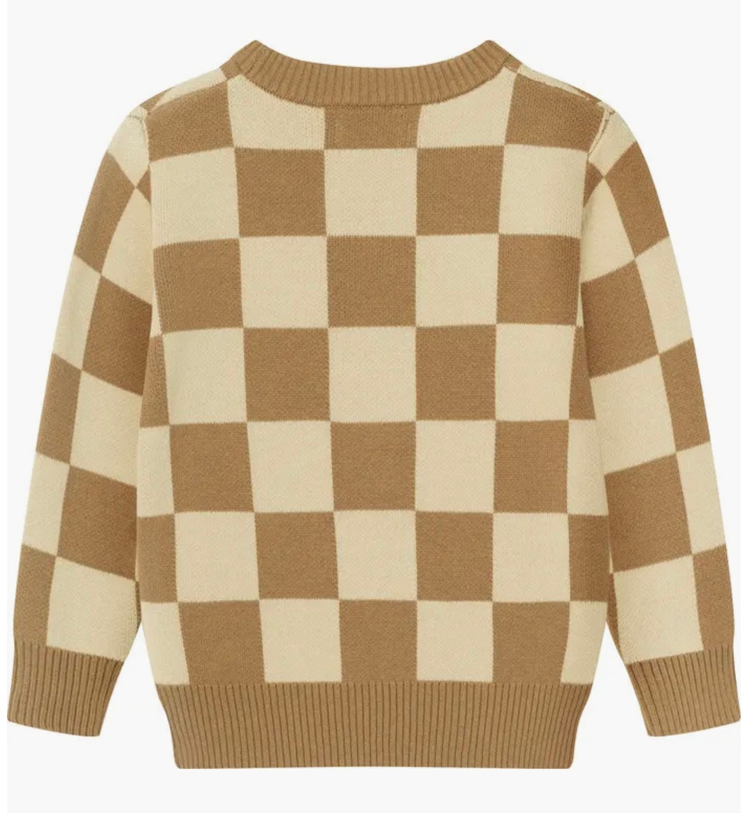A tan and cream checkered long-sleeved sweater with a crew neck. 