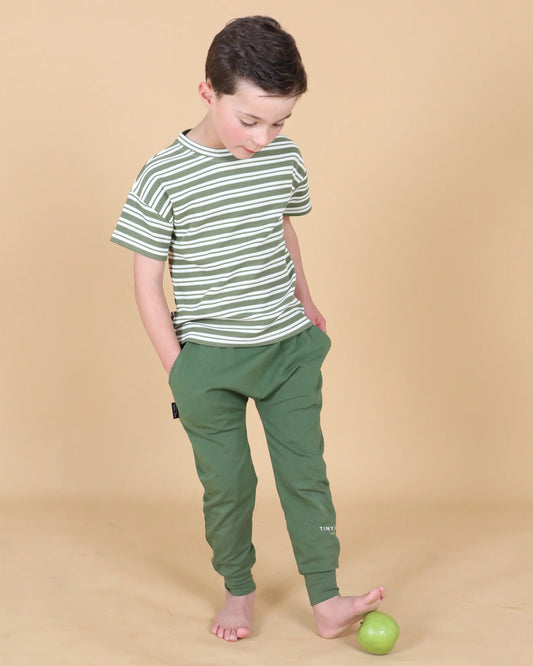 Forest stripe cotton waffle drop shoulder tee with crew neck by Tiny Tribe