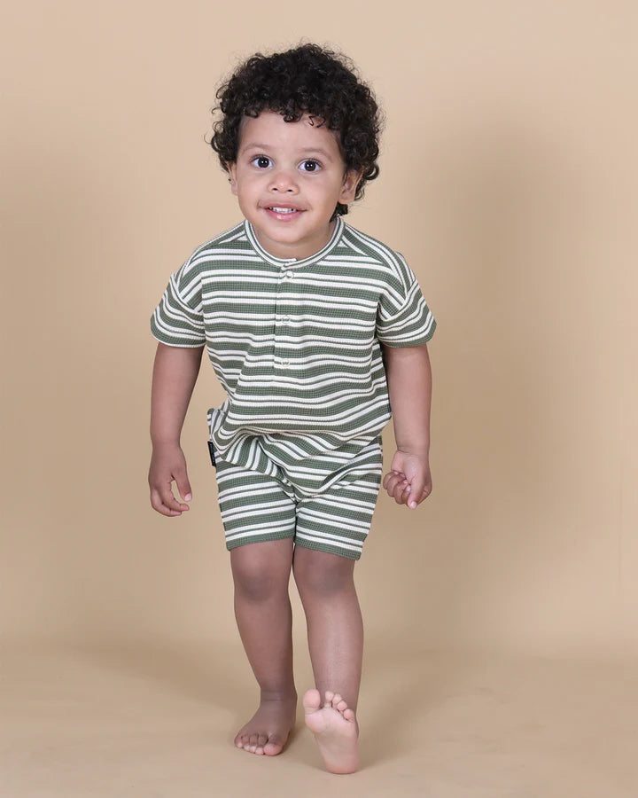 Forest Stripe Waffle Romper by Tiny Tribe with snap front closure and finished detailing