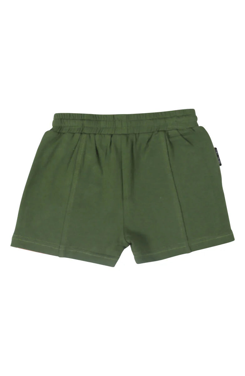 Tiny Tribe moss green knit shorts, relaxed fit, soft neutral tone