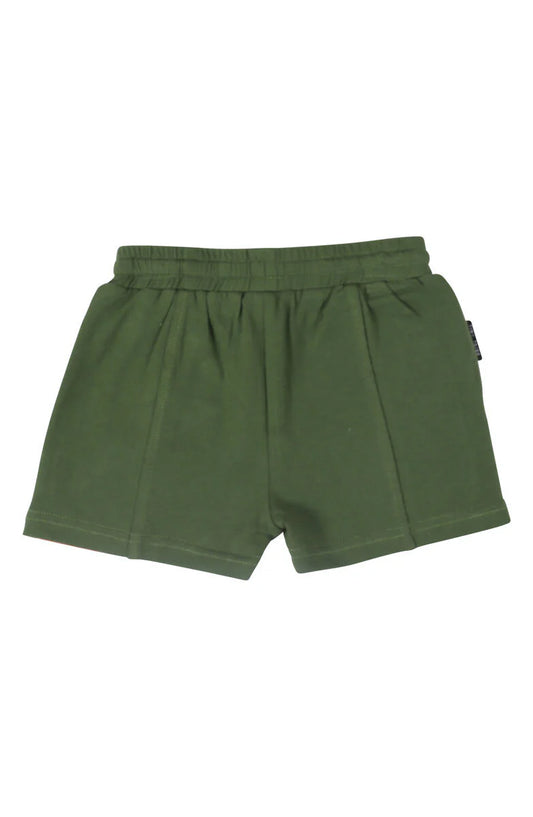 Tiny Tribe moss green knit shorts, relaxed fit, soft neutral tone