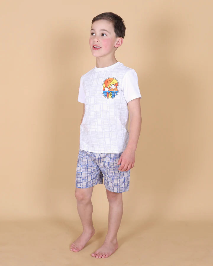 Tiny Tribe Sketched Shorts with geometric detailing, elastic waist, and side-seam pockets