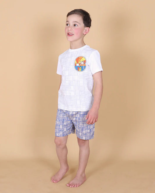 Tiny Tribe Sketched Shorts with geometric detailing, elastic waist, and side-seam pockets