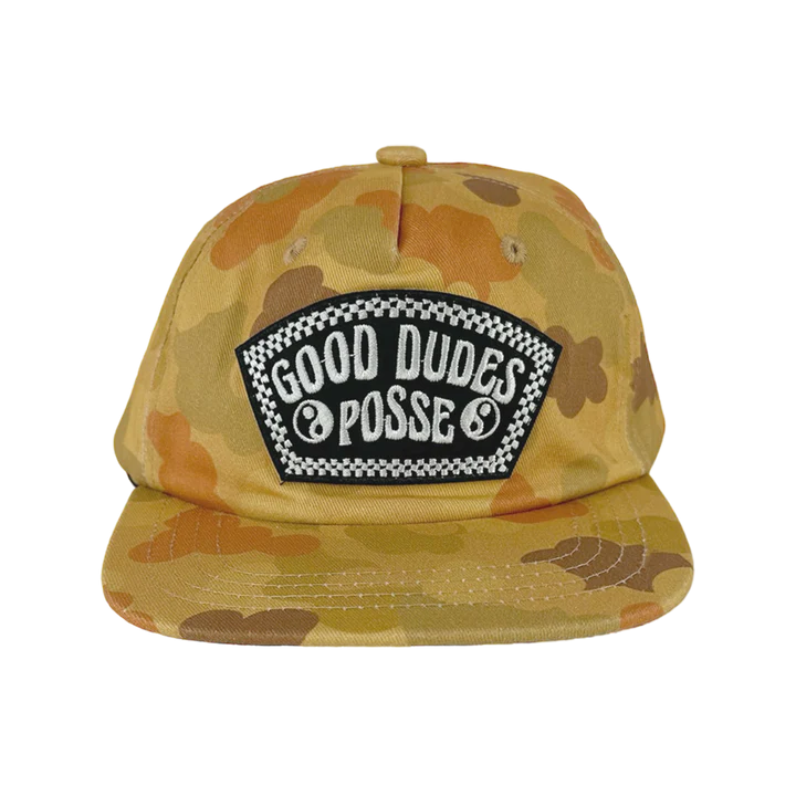 Tiny Whales Good Dudes Posse desert camo snapback hat with embroidered patch detail