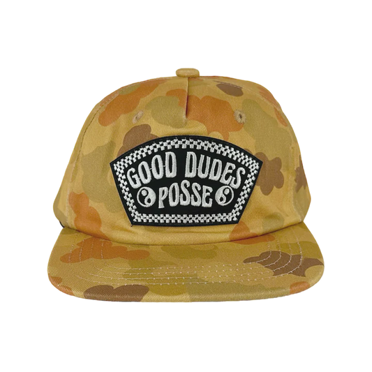 Tiny Whales Good Dudes Posse desert camo snapback hat with embroidered patch detail