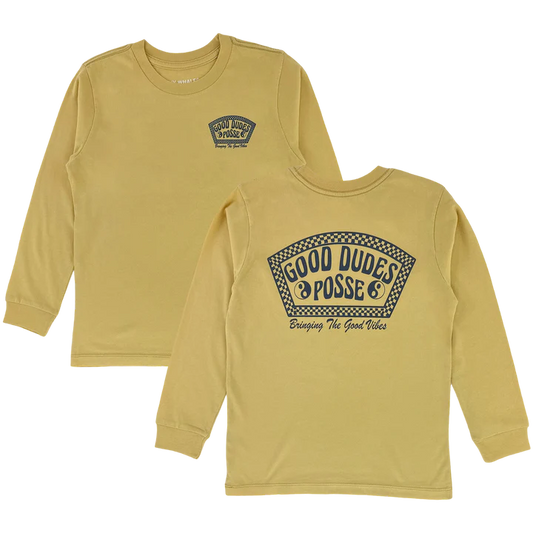 Vintage gold long sleeve cotton tee by Tiny Whales with Good Dudes Posse graphic print