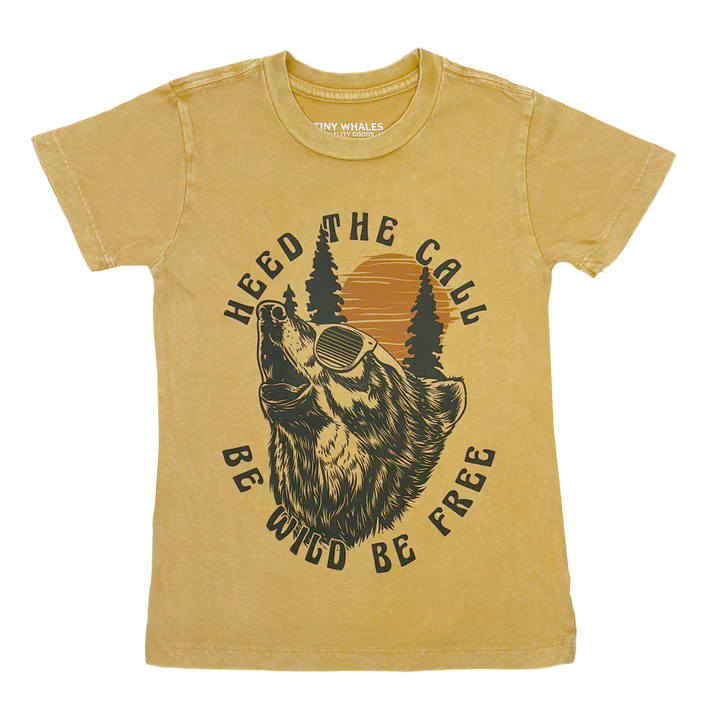 Vintage gold cotton crew neck t-shirt by Tiny Whales with water-based ink print