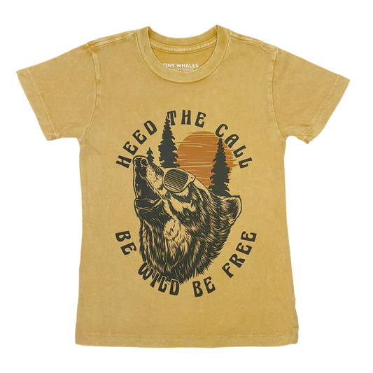 Vintage gold cotton crew neck t-shirt by Tiny Whales with water-based ink print