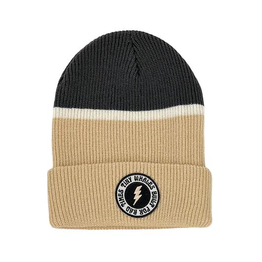 High Voltage Beanie by Tiny Whales in sand and faded black chunky knit with embroidered patch
