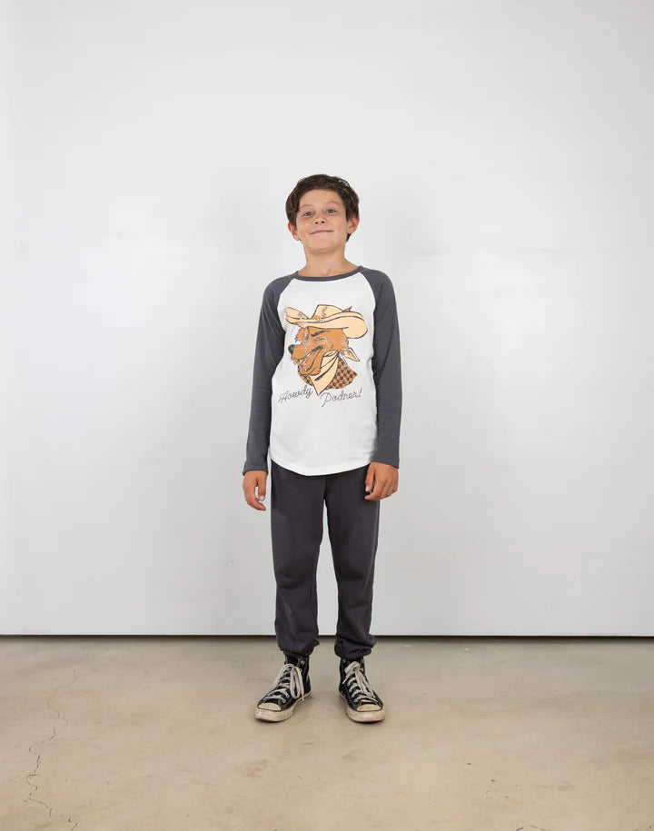 Howdy Podner natural and faded black cotton raglan tee by Tiny Whales