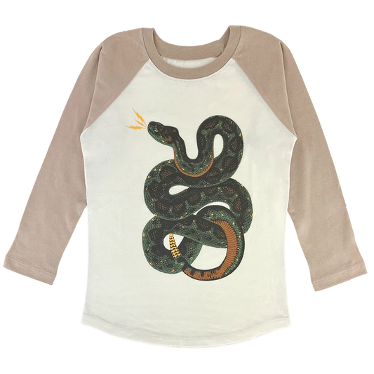 Snake Pass T-Shirt by Tiny Whales in natural and clay, cotton raglan with water-based ink print