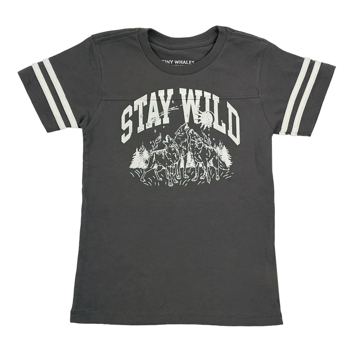 Stay Wild T-Shirt in Vintage Black by Tiny Whales, cotton jersey football tee