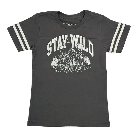 Stay Wild T-Shirt in Vintage Black by Tiny Whales, cotton jersey football tee