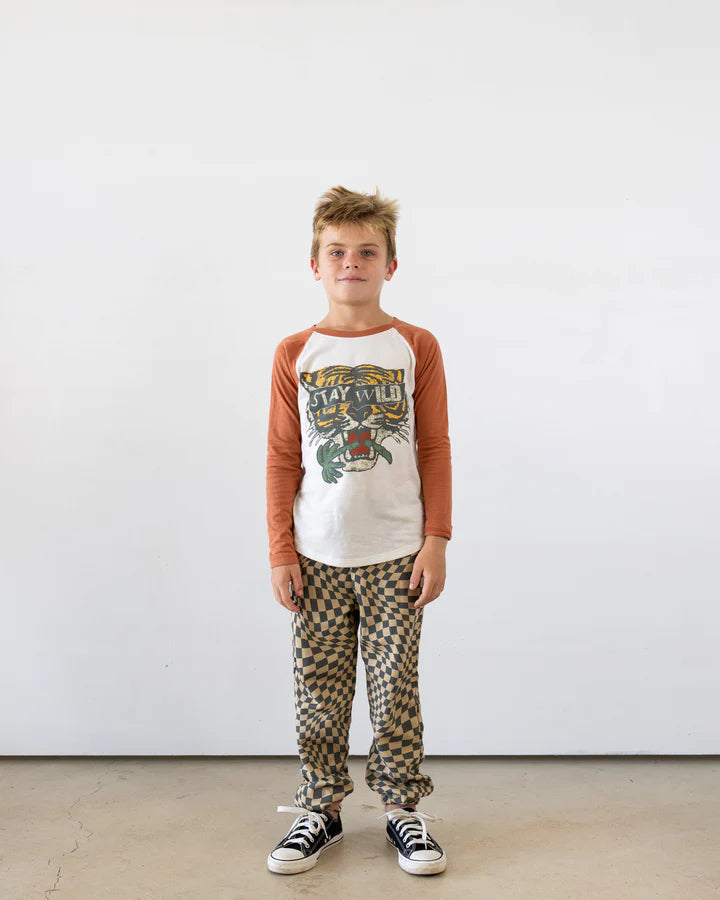 Stay Wild cotton raglan t-shirt by Tiny Whales in natural and brick colorway