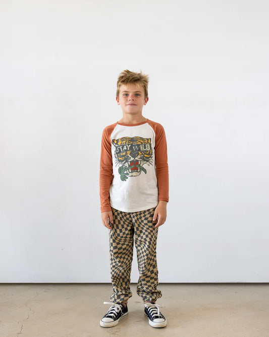 Stay Wild cotton raglan t-shirt by Tiny Whales in natural and brick colorway