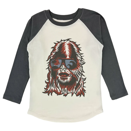 Natural and faded black cotton raglan t-shirt with yeti graphic from Tiny Whales