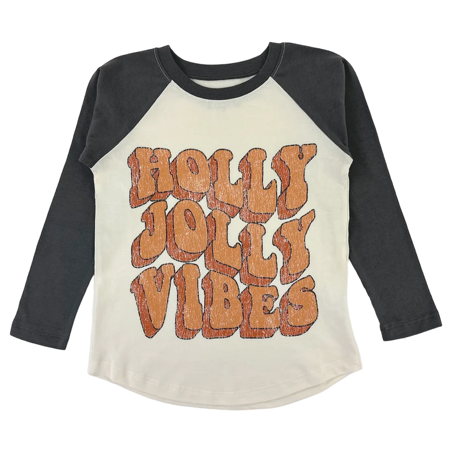Holly Jolly Vibes T-Shirt in natural and faded black cotton raglan by Tiny Whales