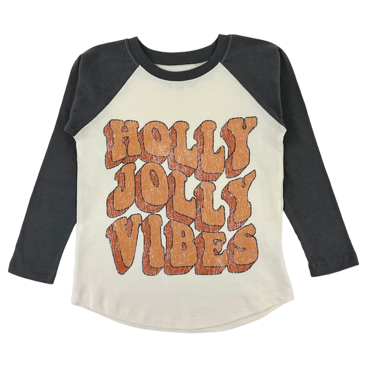 Holly Jolly Vibes T-Shirt in natural and faded black cotton raglan by Tiny Whales