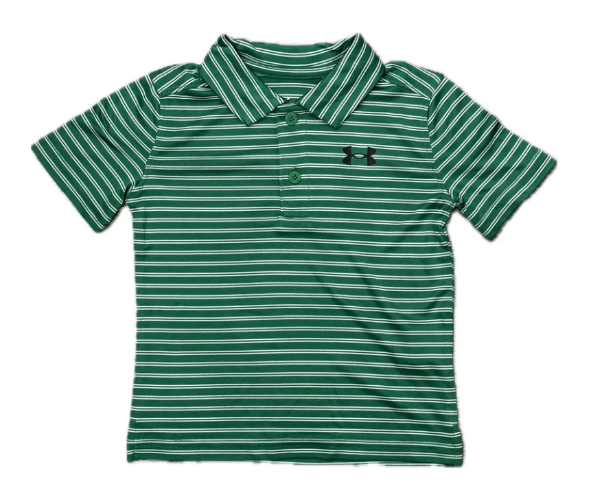 Under Armour MatchPlay Stripe Polo in Team Kelly Green with ribbed knit collar and 2-button placket