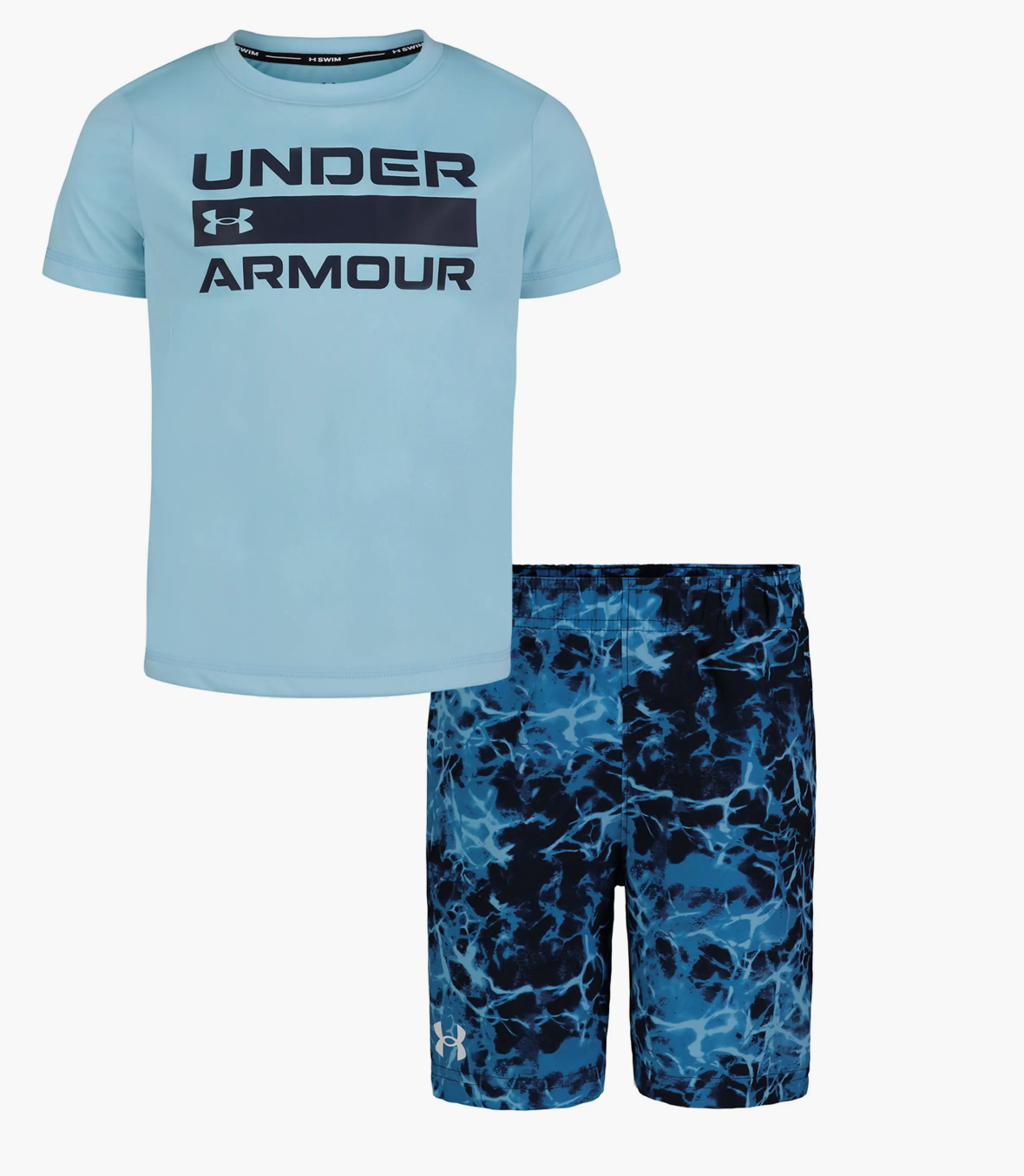 Under Armour water camo swim set: light blue crewneck tee, navy and blue camo shorts