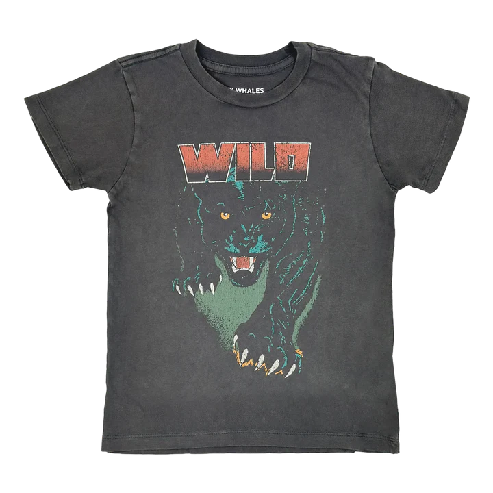 Mineral black Tiny Whales cotton crew neck tee with panther graphic printed in water-based ink