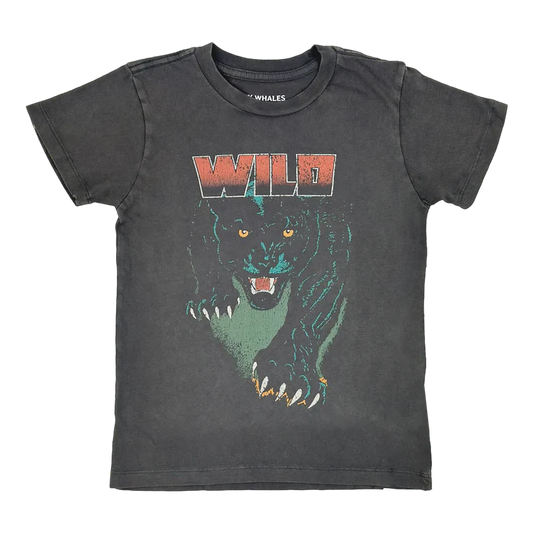 Mineral black Tiny Whales cotton crew neck tee with panther graphic printed in water-based ink