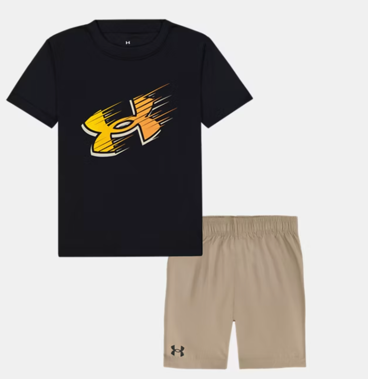 Under Armour Orange Flame t-shirt and khaki shorts set with UA logo graphic and tag-free construction