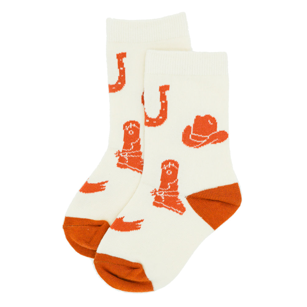 White children's socks with burnt orange toes and heels, with burnt orange cowboy hats, boots, and horseshoes
