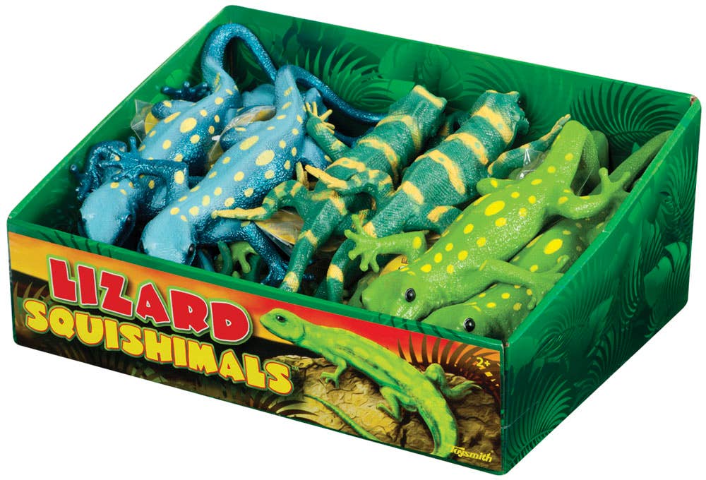 Assorted 13-inch Lizard Squishimal plush toys in lime green, dark green, yellow, and blue