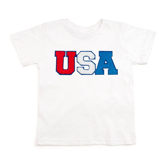 White short-sleeve tee with red, white, and blue chenille USA patch and blue felt outline
