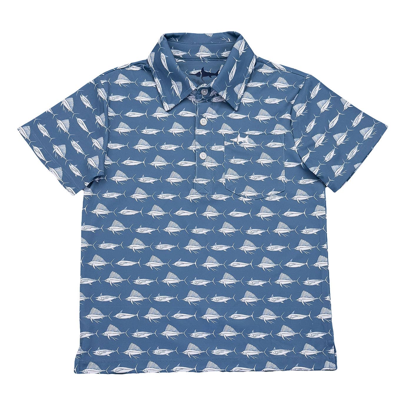 Blue and white fish-patterned boys short-sleeve polo by Saltwater Boys