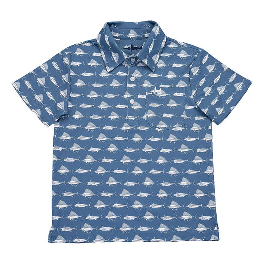 Inshore Boys Performance SS Polo Blue/White Fish