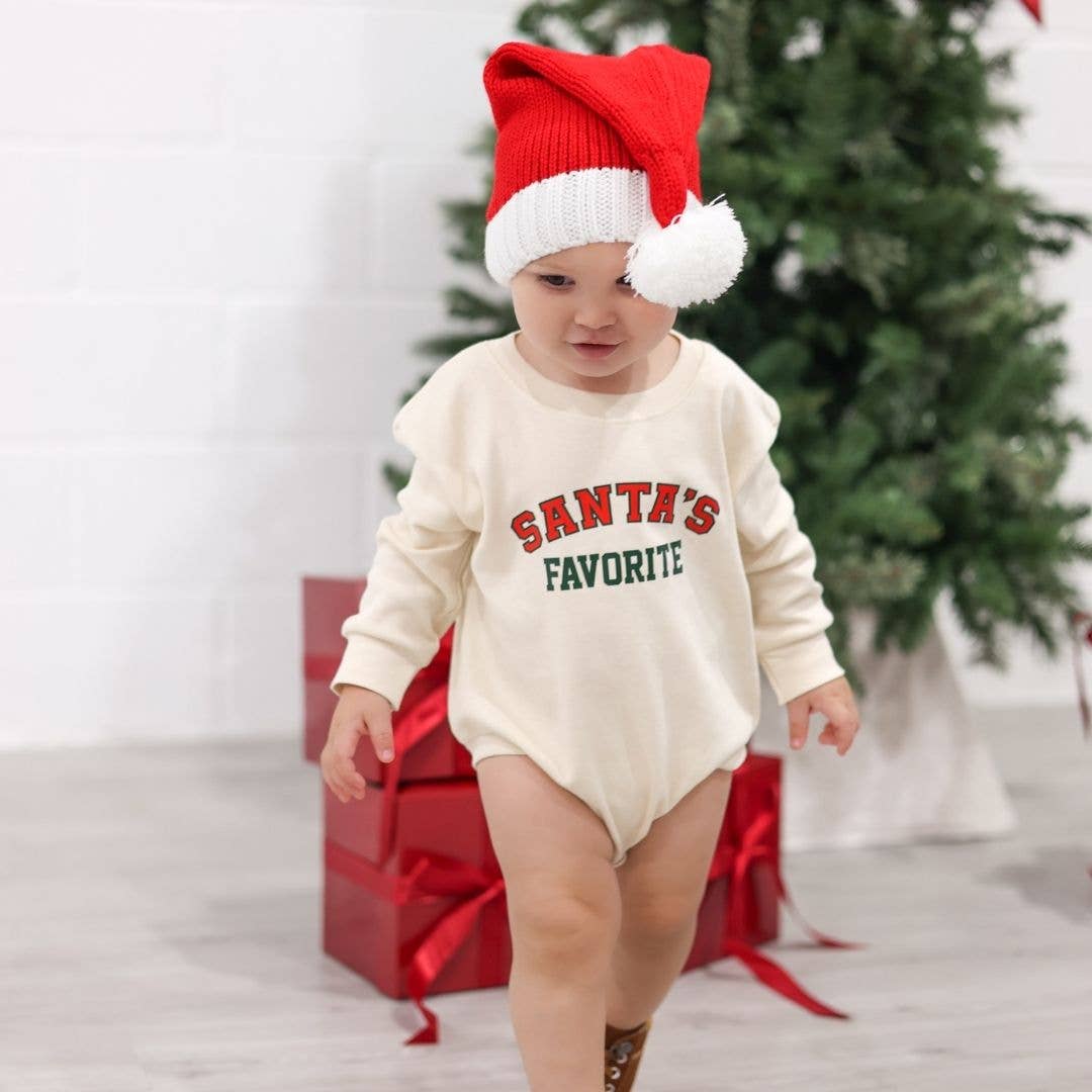 Santa's Favorite Christmas Long Sleeve Romper in natural with red and green graphic