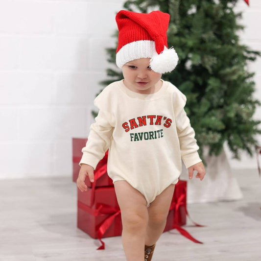 Santa's Favorite Christmas Long Sleeve Romper in natural with red and green graphic