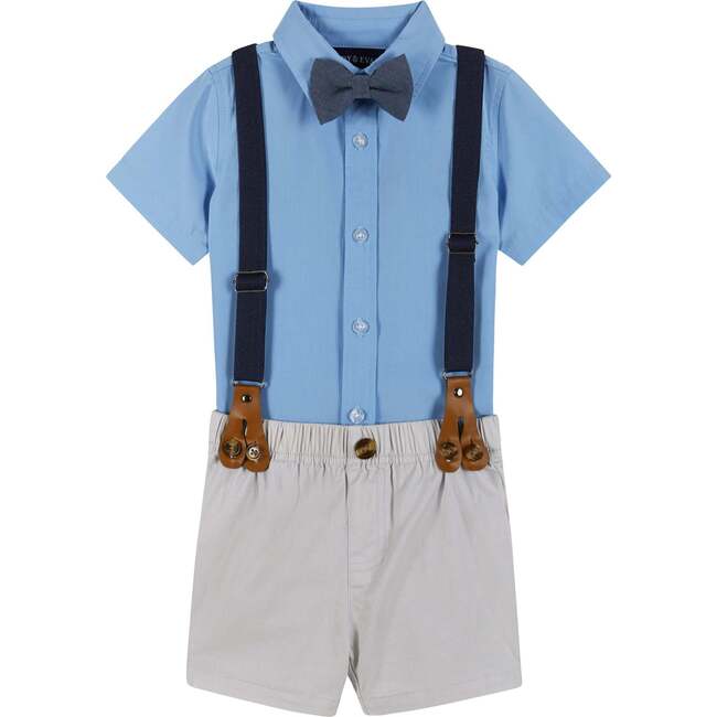 Light blue short sleeve button up shirt, light gray shorts, a dark gray bow tie, and a pair of suspenders that are navy with brown leather fasteners