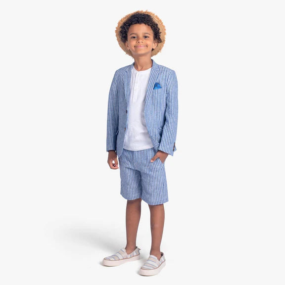 Cabana Stripe Trouser Short in linen blend with classic striped pattern and flat-front tailored fit by Appaman