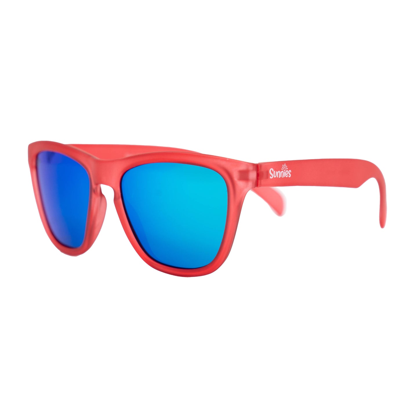 Red polarized sunglasses from Sunnies Shades with reflective lenses, anti-slip frame, and microfiber pouch
