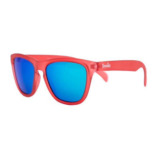 Red polarized sunglasses from Sunnies Shades with reflective lenses, anti-slip frame, and microfiber pouch