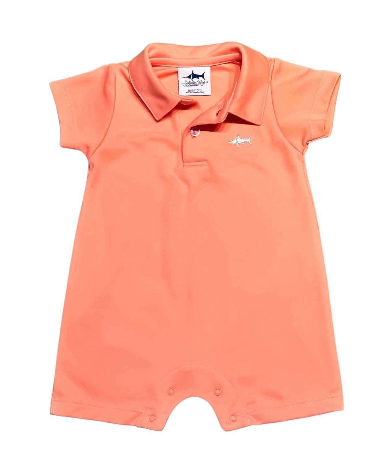 Coral polo romper with navy embroidered marlin, pima cotton, signature collar