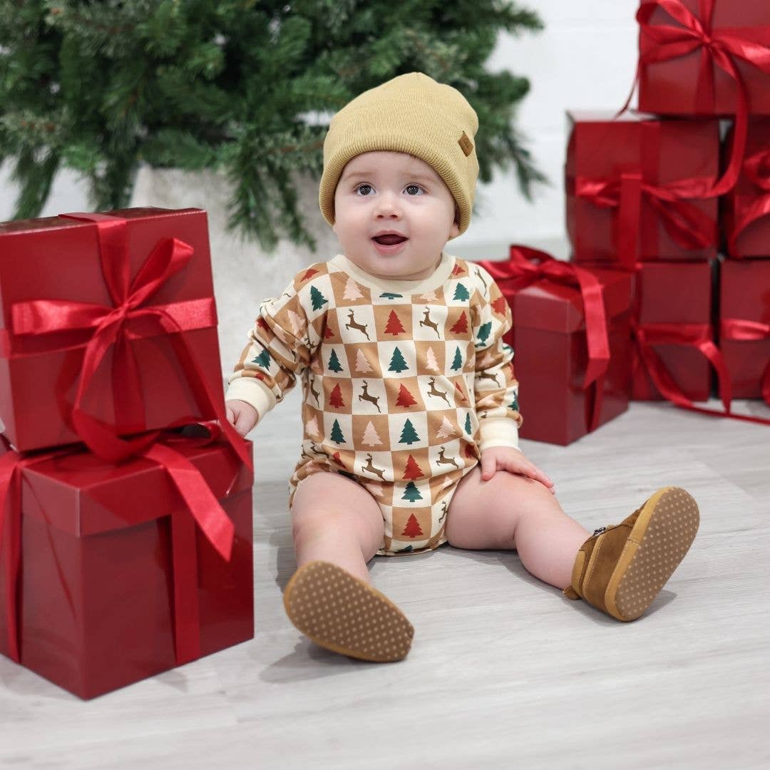 Cabin Christmas Long Sleeve Romper in natural with multicolor graphic detail, bubble hem, cuffed sleeves