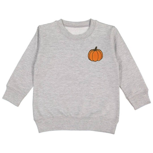 Gray crewneck sweatshirt with orange and olive green patch details by Sweet Wink