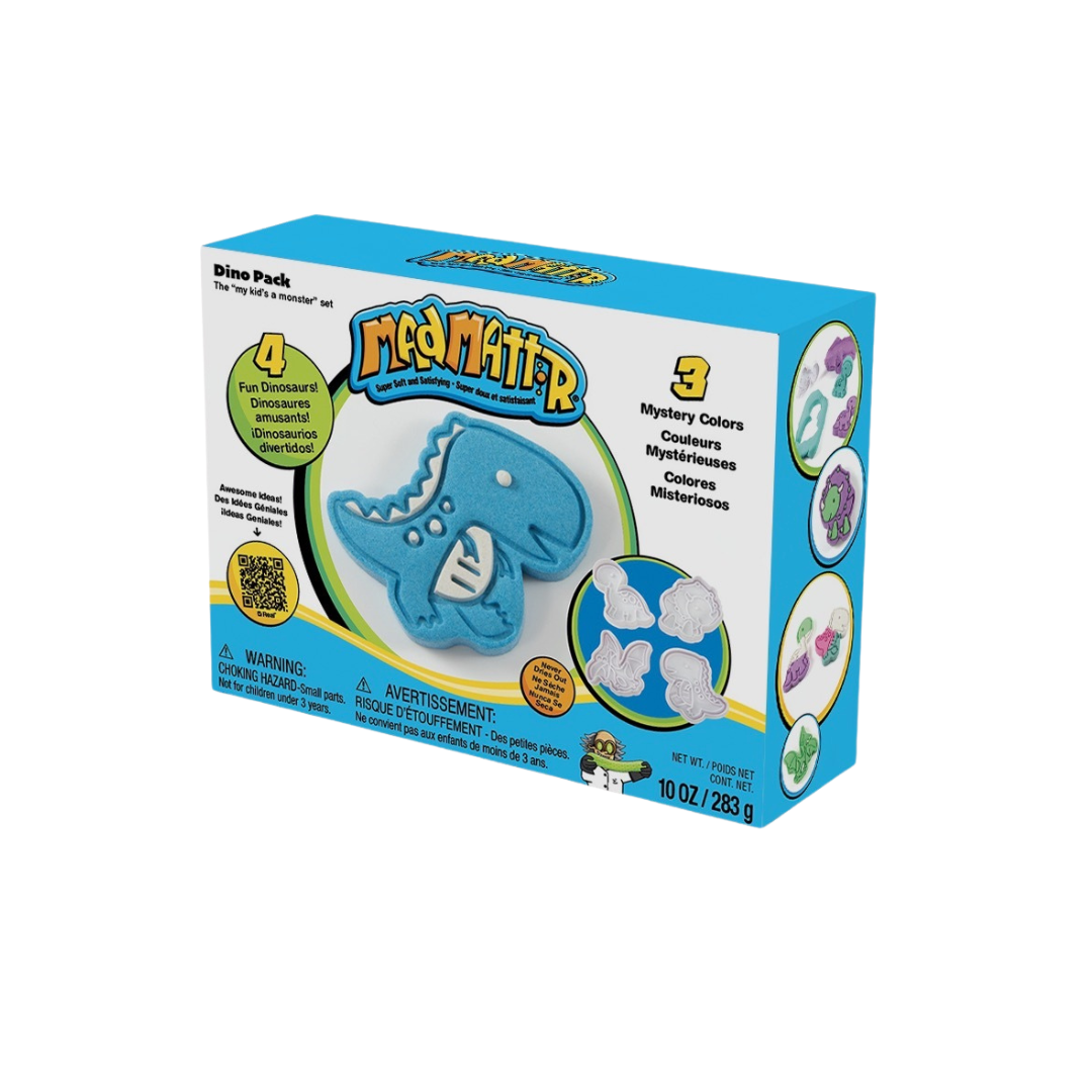 Mad Mattr Dino Pack with four spring-loaded dinosaur molds and three colors of moldable compound