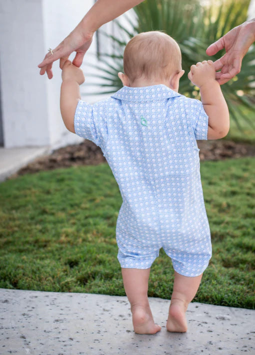 Guayabera- Blue Cane Lattice SS Romper-Blue Quail