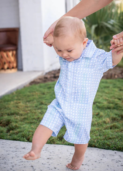 Guayabera- Blue Cane Lattice SS Romper-Blue Quail