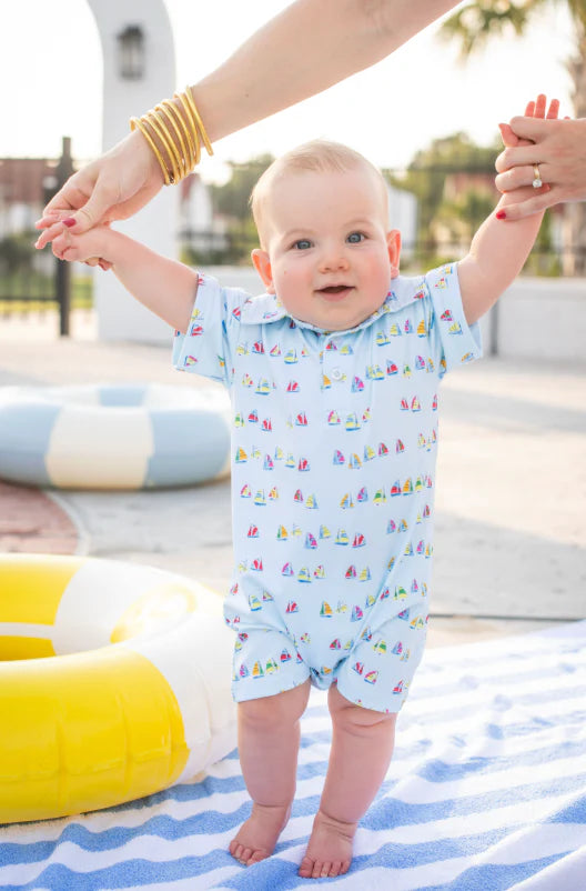 Boat Race Polo SS Romper-Blue Quail