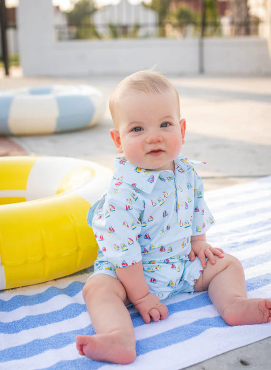 Boat Race Polo SS Romper-Blue Quail